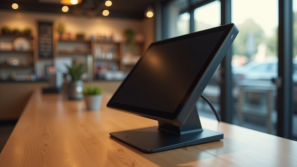 Close-up view of a modern POS terminal on a wooden counter