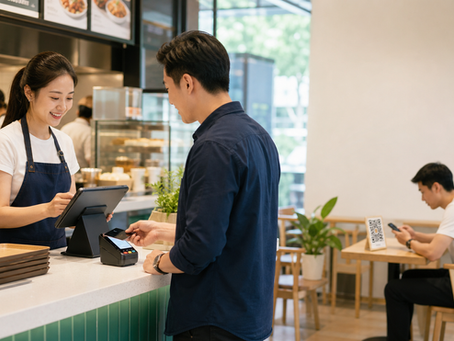 Singapore cafe team using a POS system with QR ordering, payments, and loyalty during a busy service period