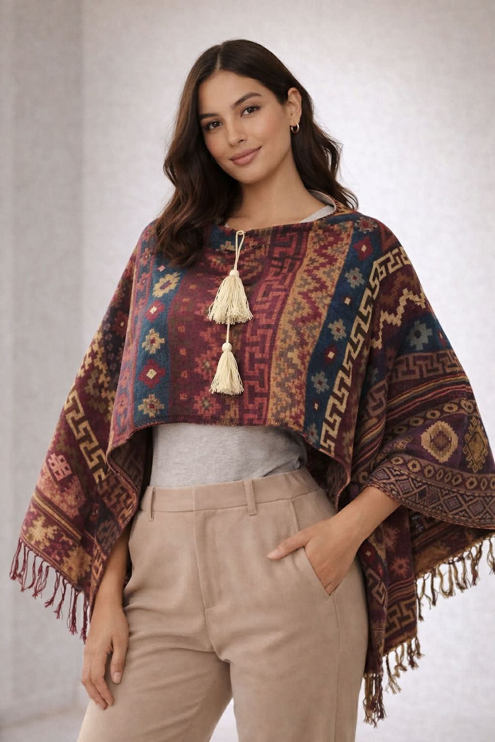 Thumbnail: Woman wearing patterned poncho with tassels