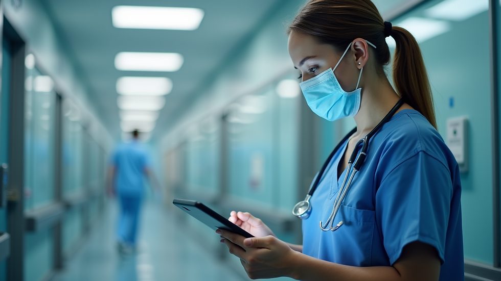 Close-up view of a healthcare professional using a tablet in a clinical setting