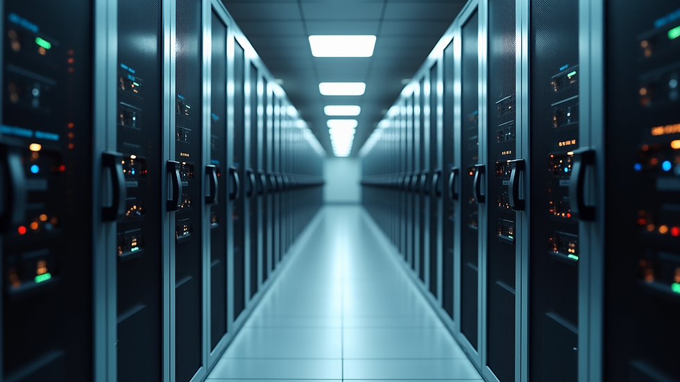 Eye-level view of a modern hospital server room with racks of network equipment