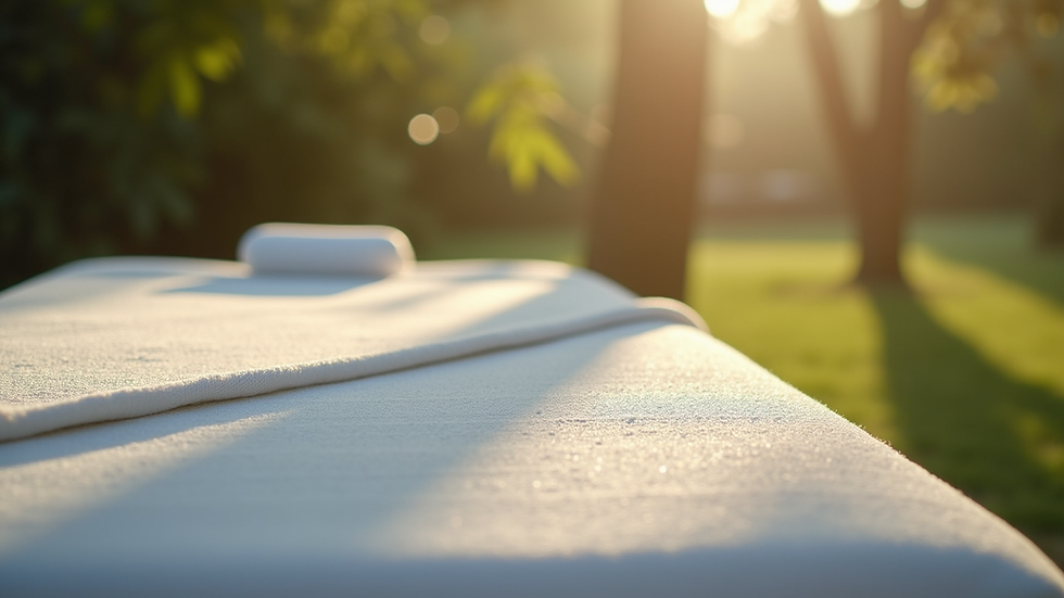 Close-up view of a massage table set up in a serene outdoor environment