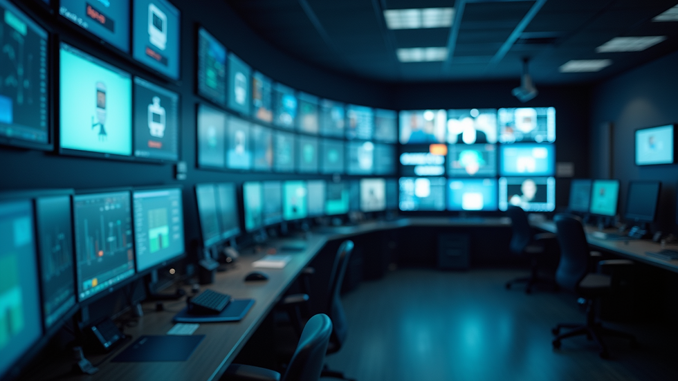 Close-up view of security control room with multiple monitors