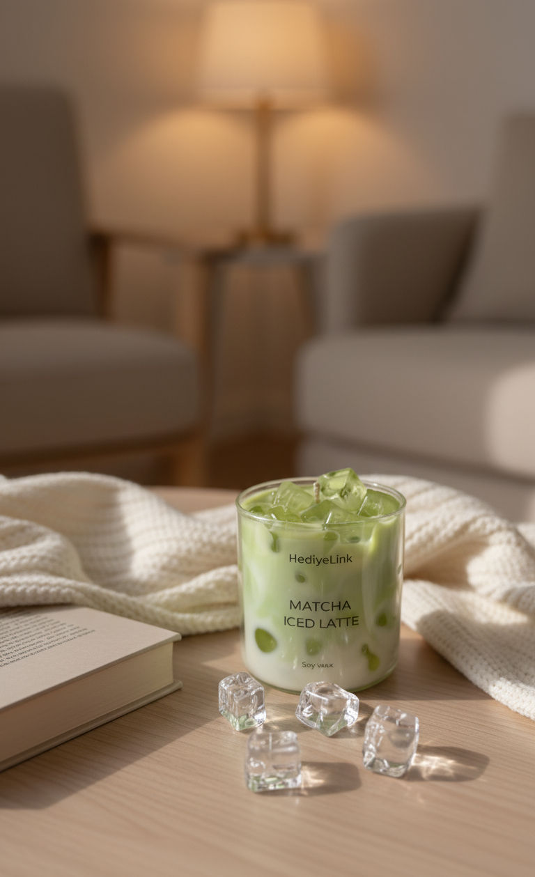 matcha mum, iced latte mum, gerçek görünen mum, dekoratif kokulu mum, el yapımı