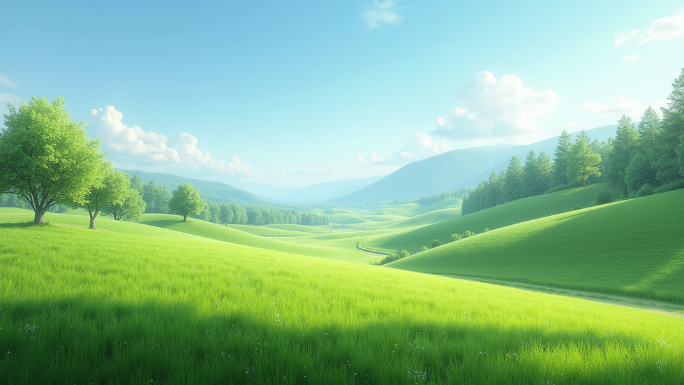 Eye-level view of a serene landscape with a clear sky and lush greenery