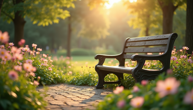 Eye-level view of a serene park bench surrounded by blooming flowers and soft sunlight