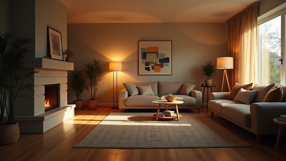 Eye-level view of a cozy living room with warm lighting