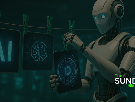 A futuristic robot hangs glowing AI-themed panels on a clothesline using green pegs. The panels display symbols for artificial intelligence, a digital brain, and a circular tech interface. In the lower right, the text reads: “The Sunday BlindSpot #04” with a small green eye logo in the top right corner. The scene has a cool blue tone, suggesting a high-tech environment.