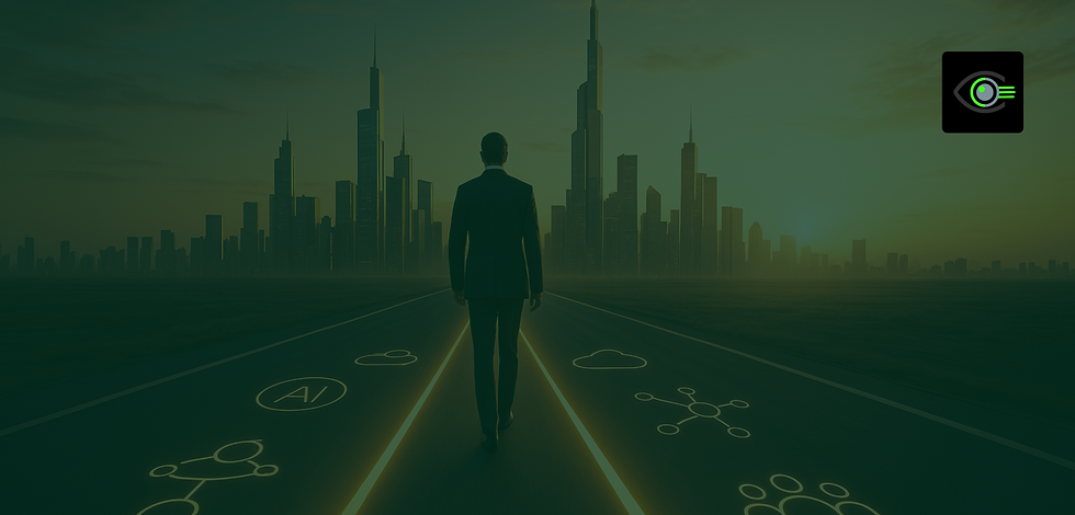 A digitally enhanced, photo-realistic image shows a businessman walking down a glowing road toward a futuristic city skyline at sunrise. The city is filled with sleek skyscrapers, and the road is marked with neon icons representing AI, cloud computing, and network integration. In the top right corner, the BlindSpot Solutions logo is visible. The overall image has a green overlay, giving it a modern, tech-forward feel.