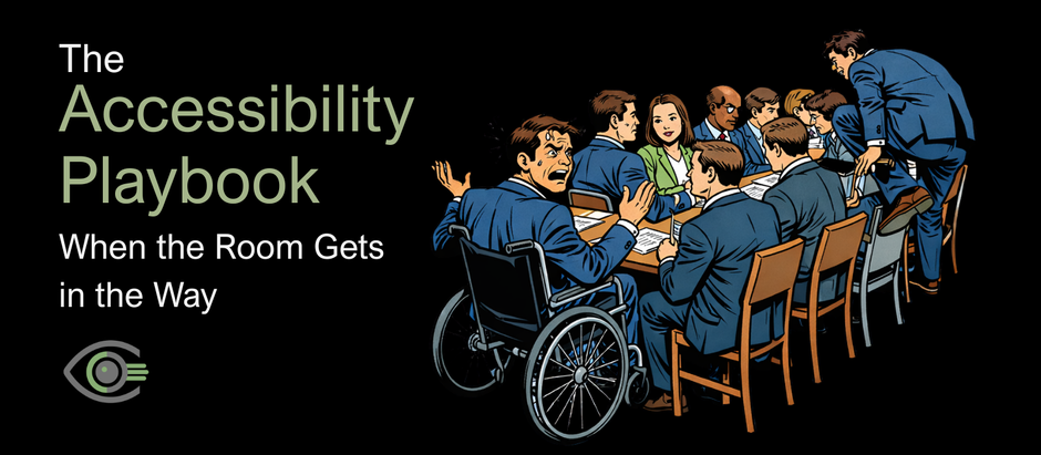 ddIllustration of a workplace meeting room with a large central table and chairs positioned closely together, leaving narrow pathways that make movement around the room difficult. One person is shown trying to navigate between the tightly spaced chairs, highlighting how cramped layouts can restrict movement and create everyday accessibility barriers in meetings.