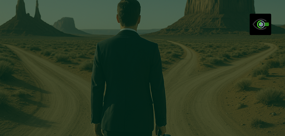 A man in a suit stands at a fork in a desert road, facing away from the viewer and toward two diverging dusty paths that lead toward striking rock formations in the distance. The scene is overlaid with a subtle dark green tint, and a small BlindSpot Solutions logo appears in the top right corner.