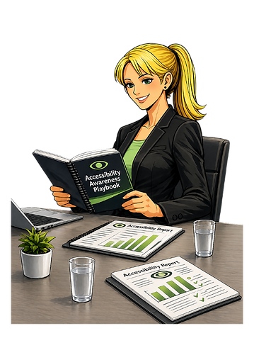 Business professional reviewing the Accessibility Awareness Playbook with accessibility reports and workplace planning documents on a desk.