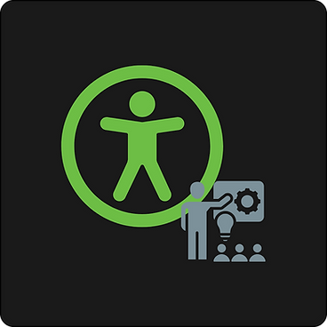Logo for the Accessibility Awareness Workshop. The image shows a green universal accessibility symbol next to an icon of a person presenting to a group, with symbols of a lightbulb and gears. Below, the text reads: “Accessibility Awareness Workshop” with the word “Onsite” in green.