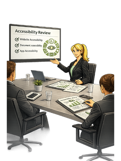 Illustrated workplace accessibility review meeting with team members discussing website, document, and app accessibility improvements in an office setting.