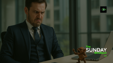 A businessman in a navy three-piece suit sits at a modern office desk, frowning and looking offended at a tiny, aggressive goblin-like creature standing on the desk near his laptop. The scene is set in a bright, glass-walled office. Overlaid text reads “The Sunday BlindSpot #08” in white and green.