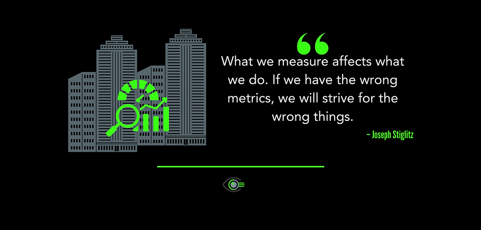 A digital poster featuring a quote from Joseph Stiglitz: “What we measure affects what we do. If we have the wrong metrics, we will strive for the wrong things.” The text is in white on a black background, with green quotation marks and the author’s name in green at the bottom right. On the left side, there are stylised grey skyscrapers overlaid with green icons representing analytics, including a magnifying glass, bar chart, and speedometer. The BlindSpot logo appears at the bottom.