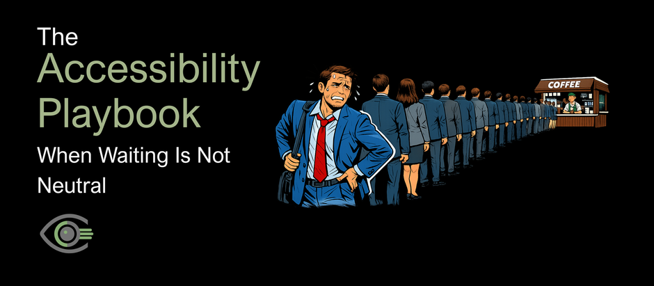 Black slide titled “The Accessibility Playbook – When Waiting Is Not Neutral” in green and white text on the left, with a small eye logo beneath. On the right, a comic-style illustration shows a long queue of business people lined up for coffee at a kiosk. All are facing the kiosk except one businessman in the foreground who is turned slightly toward the viewer, clutching his lower back and looking visibly uncomfortable while waiting.
