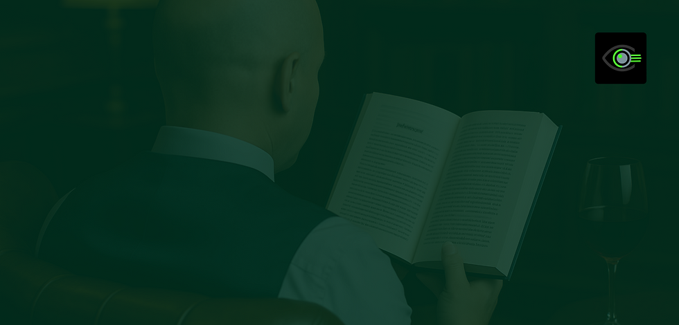 A stylised, darkened image of a bald man sitting in a leather armchair, seen from behind, reading an open book in a warmly lit library. A glass of red wine sits on a nearby table. The image has a green overlay, and the BlindSpot Solutions eye logo appears in the top right corner.