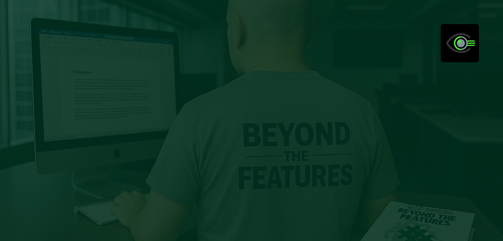 A stylised, darkened image of a bald man viewed from behind, seated at a desk in a modern office. He is typing on an Apple keyboard with a large iMac screen in front of him displaying a Word document. He wears a grey t-shirt with the text “BEYOND THE FEATURES” on the back. A copy of the book Beyond the Features: A Strategic Guide to Legal Tech Selection lies on the desk to his right. The BlindSpot Solutions eye logo appears in the top right corner.