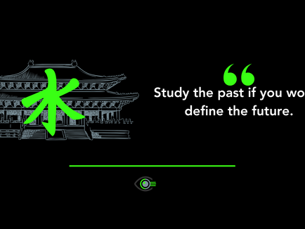 A minimalist graphic with a black background featuring a detailed line drawing of a traditional East Asian temple in light blue. Overlaid is a large green Chinese character (木). To the right is a quote in white and green text: “Study the past if you would define the future.” – Confucius. The BlindSpot Solutions logo and a green horizontal line appear at the bottom.