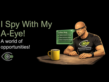 Black background blog header image with sage green and white text reading 'Eyes Wide Open: How AI Is Giving People with Low Vision a New Way to See the World.' A comic-style illustration shows a person using a smartphone to scan their surroundings, with AI recognition icons floating around them. The BlindSpot Solutions eye logo appears in the lower left corner.