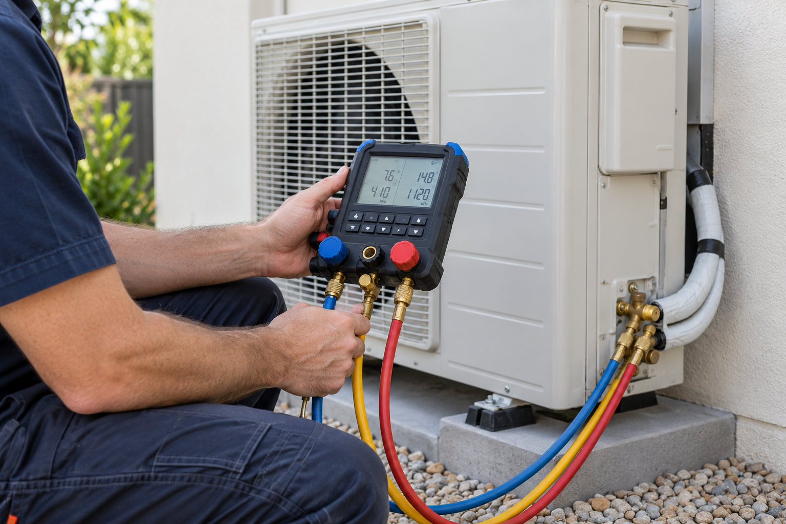 Illustrative image of an air conditioning technician checking a digital manifold during commissioning