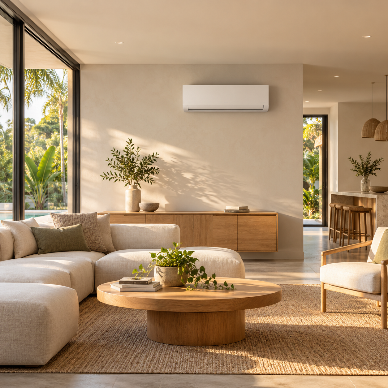 Illustrative modern Queensland living room with a wall mounted air conditioner