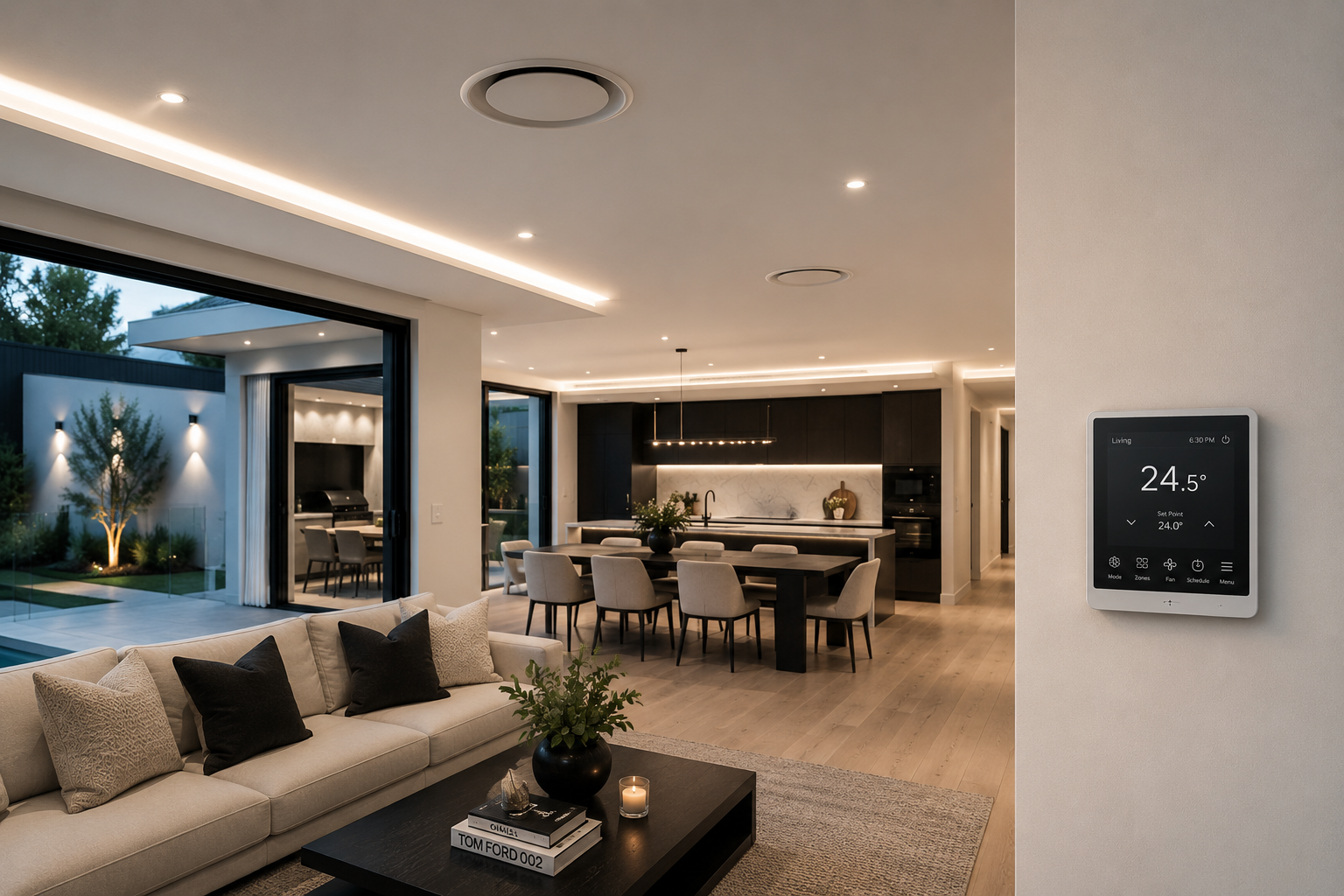 Modern living area with discreet ducted air conditioning