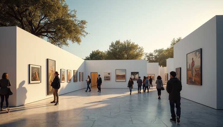 Orta açıdan bakışla açık hava sanat sergisi ve ziyaretçiler