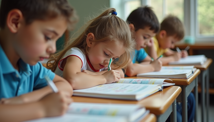 Yakın çekim, çocukların renkli İngilizce kitaplarla öğrenme anı