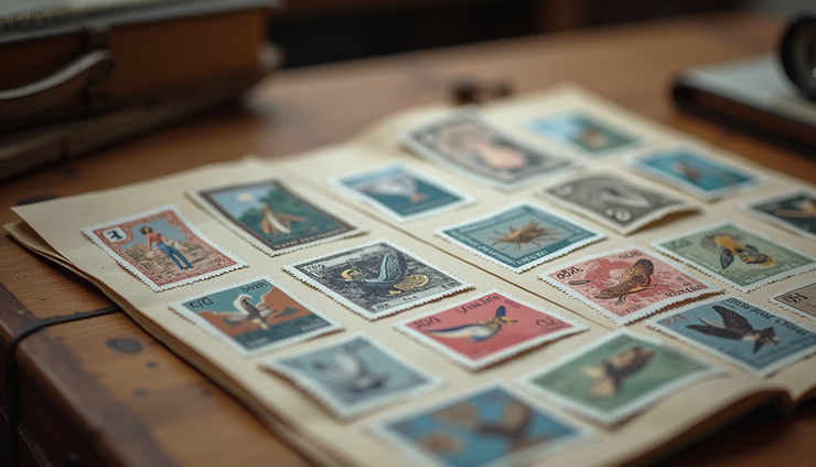 Yakın çekim, düzenli şekilde yerleştirilmiş nadir pul koleksiyonu