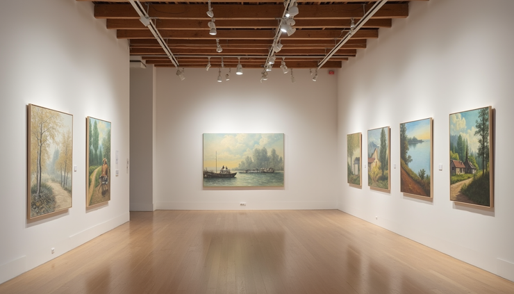 Orta açı, özel sanat sergisinde yağlıboya ve suluboya eserlerin sergilenmesi