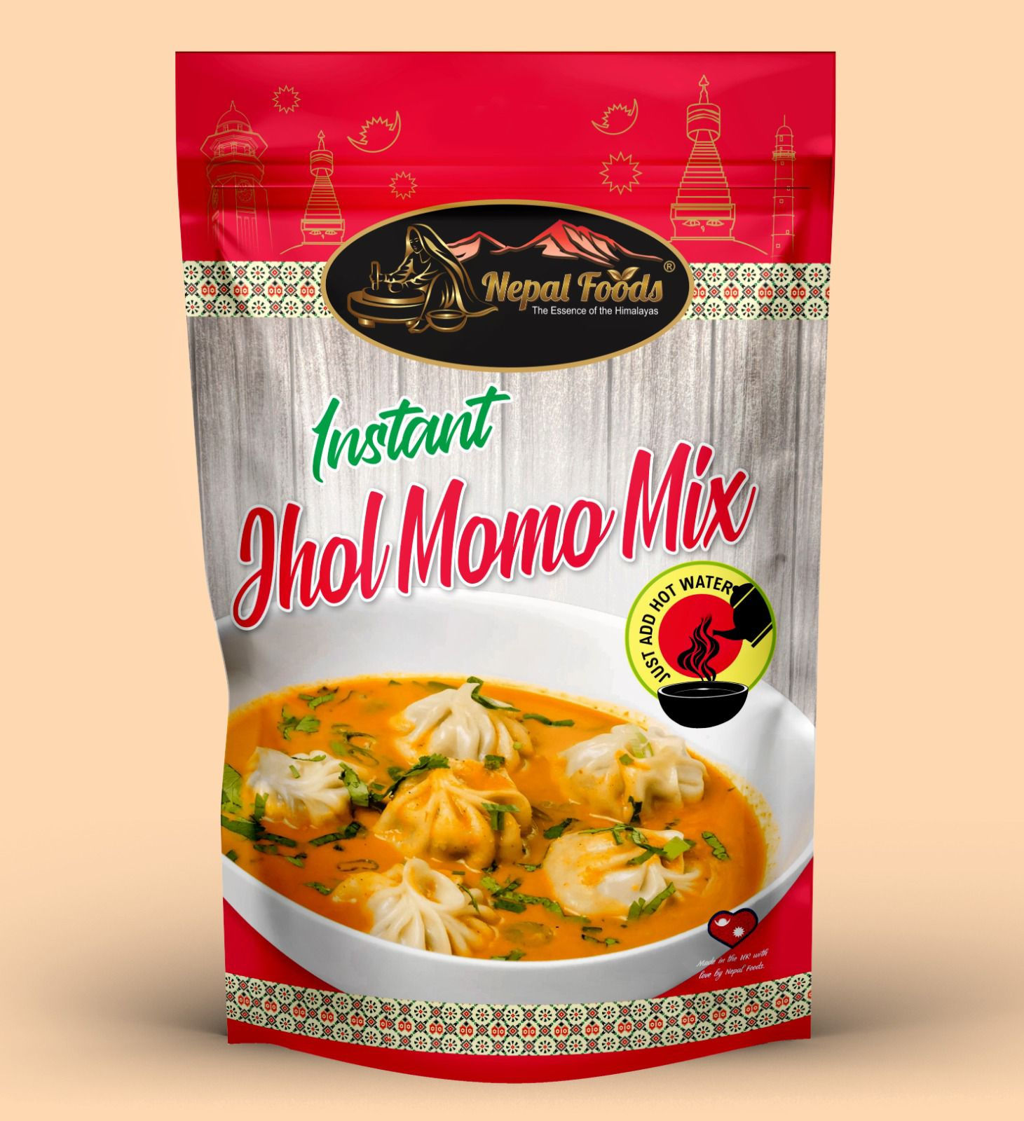 Instant Jhol Momo Mix packet with logo and image of Jhol Momo Your Kathmandu