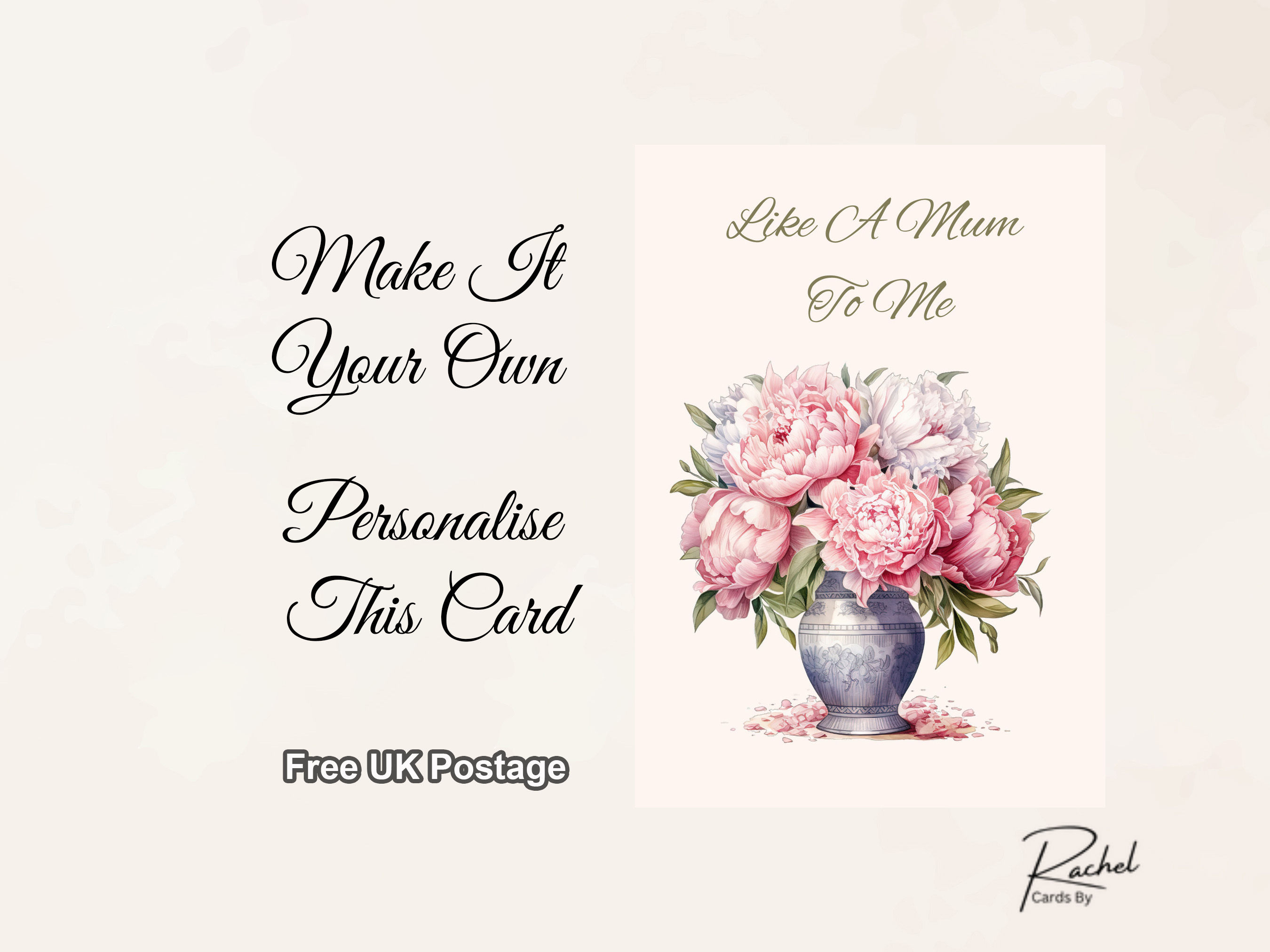 Like a Mum to Me Mother's Day Card, water coloured Vase of Flowers. Free Postage