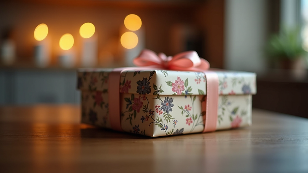 Eye-level view of a beautifully wrapped personalised gift box with a ribbon