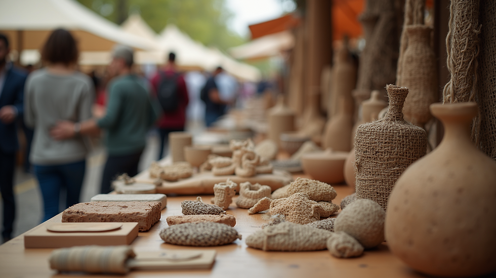 Eye-level view of a local craft fair with various handmade items on display