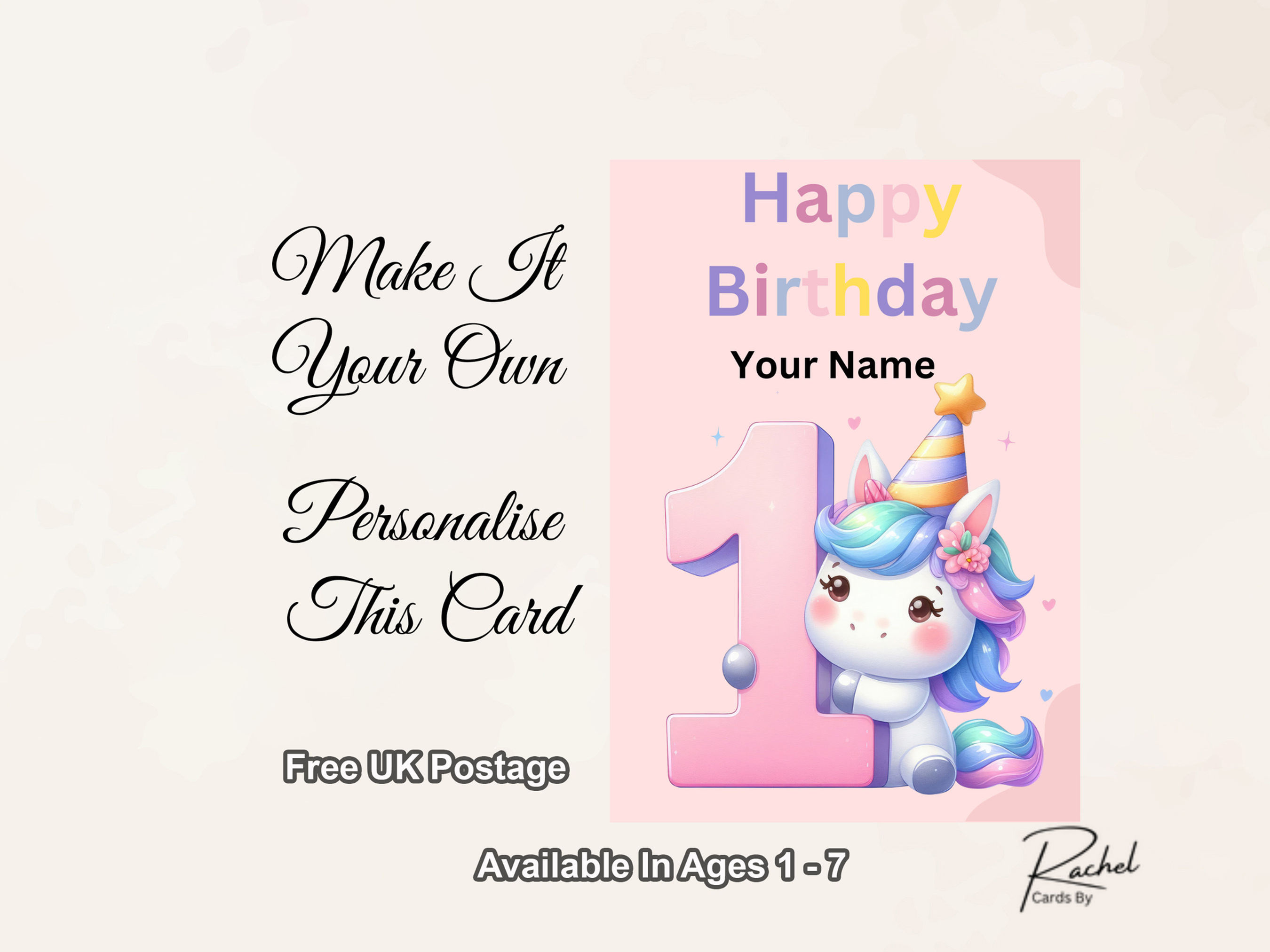 Unicorn Birthday Card for young children ages 1 to 7 including free pos