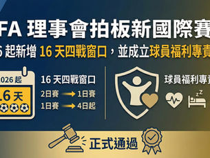 「一張說明 FIFA 新國際賽期政策的新聞資訊圖表。畫面上方有醒目的大標題『FIFA 理事會拍板新國際賽期』，以及副標題『2026 起新增 16 天四戰窗口，並成立球員福利專責小組』。畫面中央分為左右兩個區塊：左側以日曆圖示標註『2026 起 16 天』與四顆足球，說明『16 天四戰窗口』的賽制調整；右側則以包含人物與愛心的盾牌圖示，搭配心電圖、睡眠與支援等小圖示，象徵成立『球員福利專責小組』。畫面正下方配有法槌與打勾的認證標章，並寫著『正式通過』，整體設計清楚呈現了 FIFA 的兩項重大決議。」