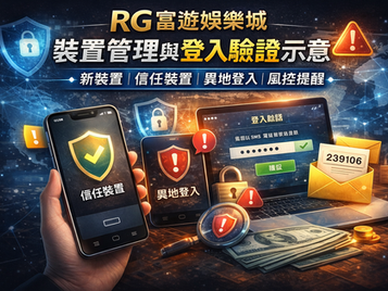 RG富遊娛樂城裝置管理與登入驗證示意—新裝置、信任裝置、異地登入與風控提醒