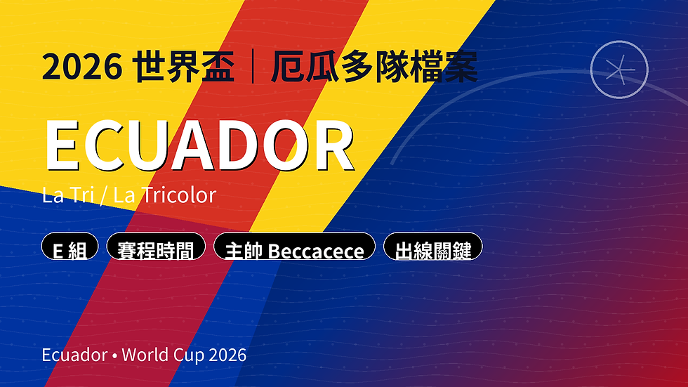 2026 世界盃厄瓜多隊(Ecuador/La Tri)封面,黃藍紅配色幾何背景,文字:E 組|賽程時間・主帥 Beccacece・出線關鍵。