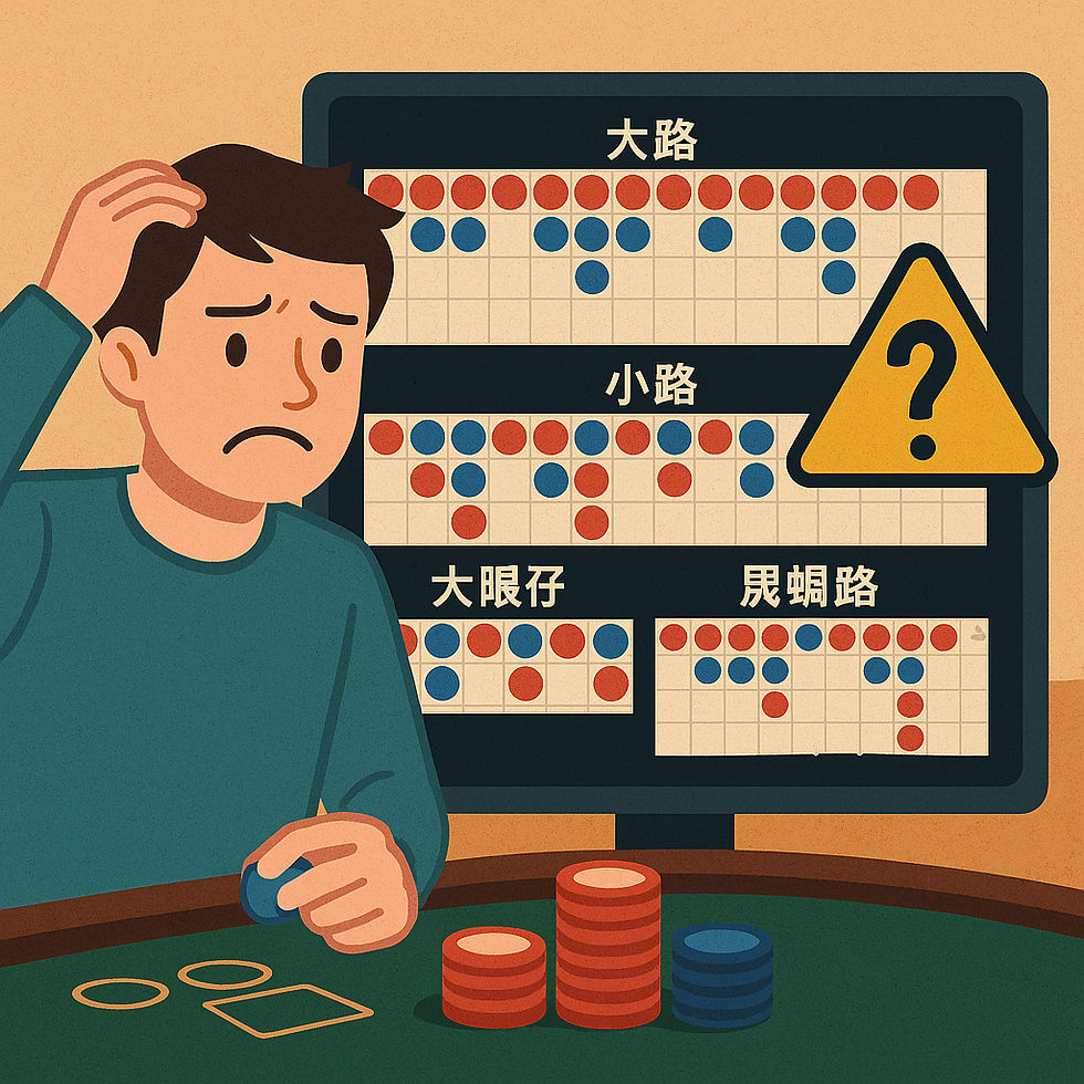 圖像包含百家樂圖表(大路、小路、大眼仔)與警示符號(問號/破碎感)