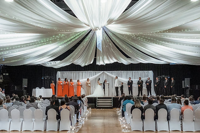wedding ceremony, vows, bride and groom, wedding party, guests 