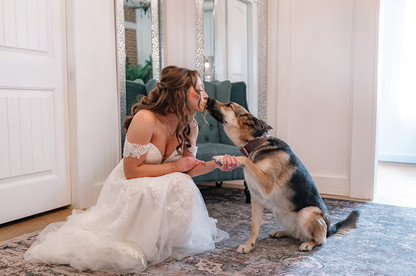 Bride sharing a sweet moment with her dog while getting ready for a Cork and Crate wedding.