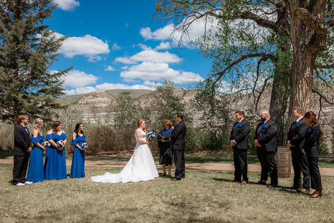 Whole bridal party and bride and groom during ceremony