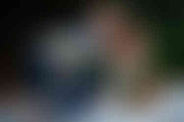 Bride and groom embracing while sitting down in front of the trees with their dog.