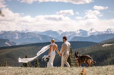 Newlyweds holding hands with their dog during mountain wedding portraits in Alberta overlooking the Rocky Mountain landscape