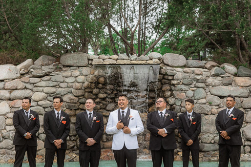 groom, groomsmen, waterfall, white suit, black suits 