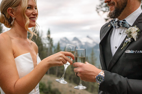bride and groom cheers wine glasses