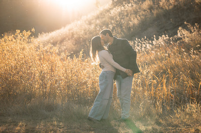 Couple kissing in tall grass with warm golden hour light during a Calgary engagement photographer session.