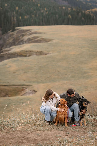 Candid moment of a couple sitting in a field with their dogs, laughing and connecting during fun engagement ideas.